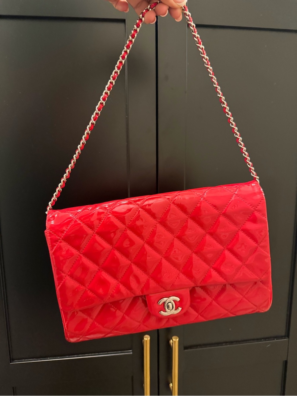 CHANEL Red Quilted Patent Leather Shoulder Bag with Chain